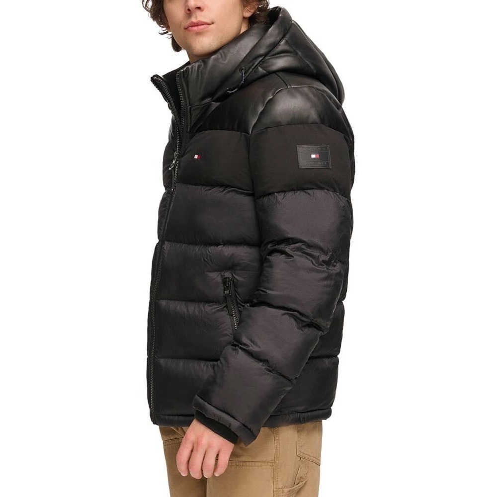 Tommy Hilfiger Men Black Hooded Puffer Jacket Warm Water‎ Wind Resistant XL